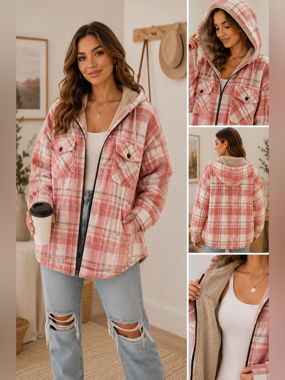 Windfit Pink Plaid Sherpa Lined Hooded Shacket Jacket Cozy Fleece Zip Front XL